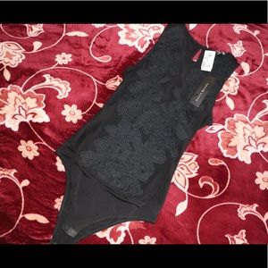 G-Stage,NWT Black Mesh BodySuit with Floral detail